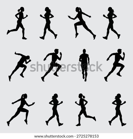 Silhouetted Runners Grid: Twelve Dynamic Silhouettes Representing Fitness, Athletics, and Movement

