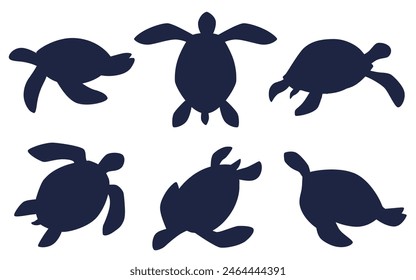 Silhouetted sea turtles in various poses. Vector set of marine reptile illustrations for icons, patterns, or educational material.