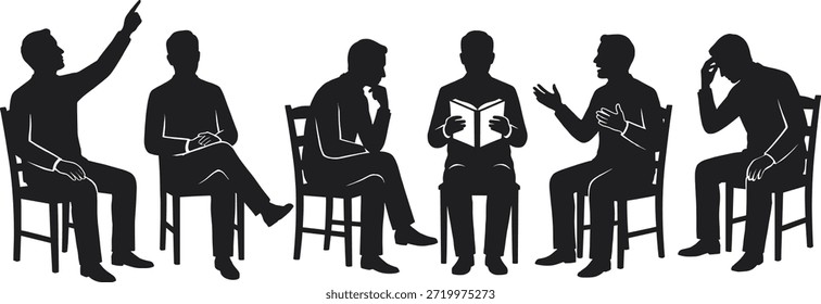 Figuras sentadas silueteadas en diversas poses expresivas, representando la comunicación, la contemplación, la discusión, la lectura, el estrés y el intercambio de ideas en Configuraciones grupales, ideales para temas educativos u organizacionales.