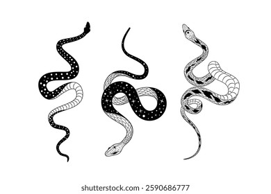 Silhouetted snake designs with intricate details and unique doodling styles in a vector format