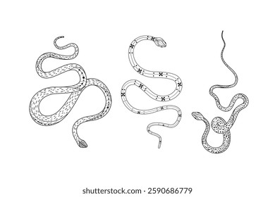 Silhouetted snake designs with intricate details and unique doodling styles in a vector format