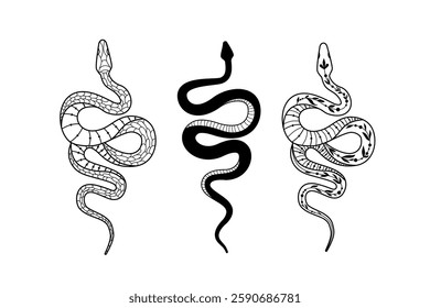 Silhouetted snake designs with intricate details and unique doodling styles in a vector format