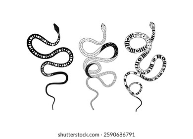 Silhouetted snake designs with intricate details and unique doodling styles in a vector format