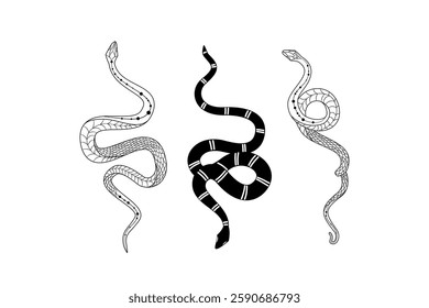 Silhouetted snake designs with intricate details and unique doodling styles in a vector format