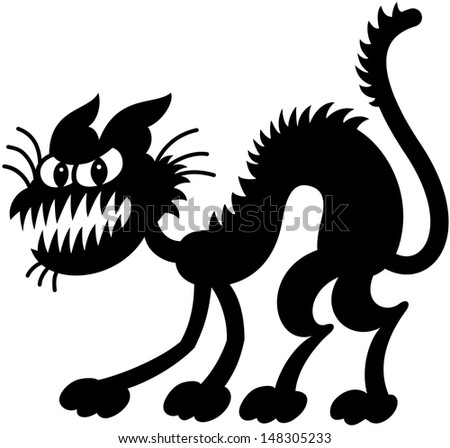 Silhouetted spooky black cat expressing how bad and scared his mood is by bristling, bending his body, showing his teeth and staring at you