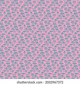 Silhouetted stylized trees and shrubs in a repeating pattern in complimentary pastel colors.
