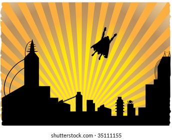 Silhouetted  superhero flying off into the sunset