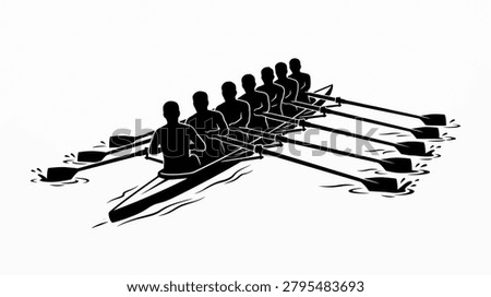 Silhouetted team of eight rowers in a racing shell, paddling in unison on the water. Represents teamwork, competition, and sport.