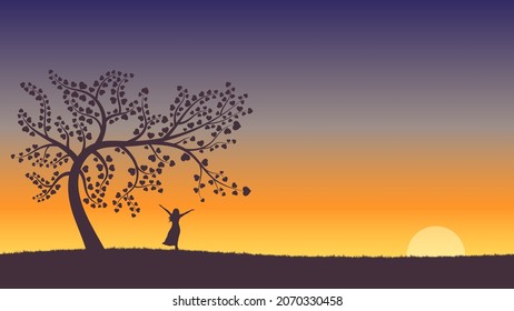 Silhouetted tree of love on sky background for Valentine's day decorations flat illustration vector.