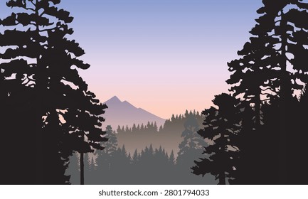 Silhouetted trees frame a misty mountain at dawn. Soft hues blend sky and distant peaks in gentle gradient. Peaceful stillness hangs in the forest's embrace