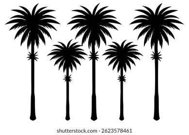 Silhouetted tropical palm trees on white background, exotic island landscape.