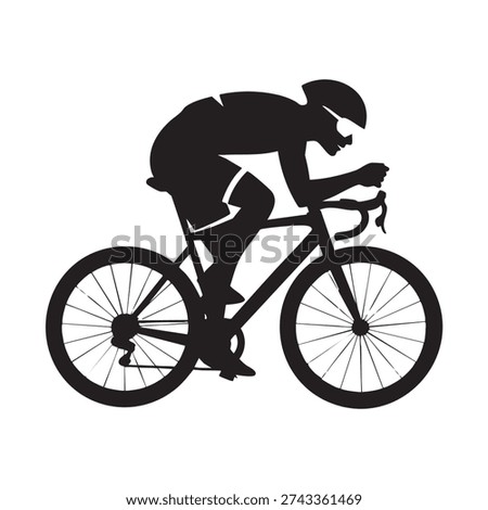Silhouetted vector illustration depicts a determined cyclist in full racing gear, actively pedaling a modern road bicycle, powerfully conveying speed, endurance, and dedication inherent in competitive or recreational cycling sports and athletic training.