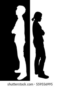 Silhouetted vector of man and woman turning their back to each other, business concept in conflict, angry, arguing, breakdown or divorce concept yin-yang