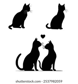 Silhouetted vector single and couple cats with love