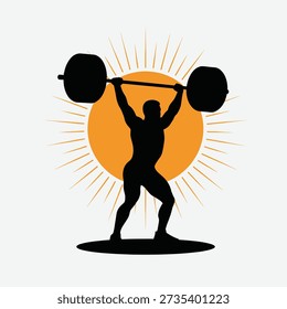 A silhouetted weightlifter successfully completes a clean and jerk lift against a bright sun