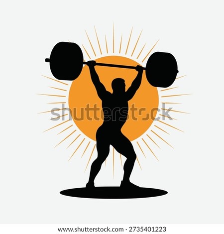 A silhouetted weightlifter successfully completes a clean and jerk lift against a bright sun