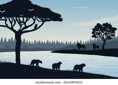 Silhouetted Wildlife Scene at Dusk Featuring Bears Walking Riverside, Lions Standing Across the River, Owl Perched on a Branch And a Serene Forest Landscape Surrounded by Trees