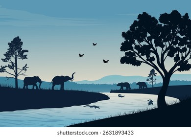 Silhouetted Wildlife Scene at Dusk Featuring Elephants Standing by the River, Bears Walking Across the River, Flying Birds, Crocodiles in Water And a Serene Forest Landscape Surrounded by Trees