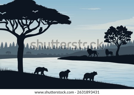 Silhouetted Wildlife Scene at Dusk Featuring Bears Walking Riverside, Lions Standing Across the River, Owl Perched on a Branch And a Serene Forest Landscape Surrounded by Trees