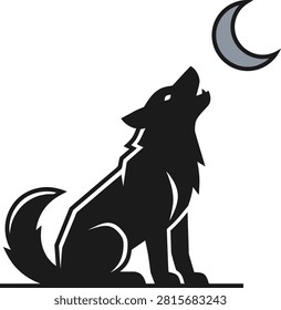 A silhouetted wolf howling at a crescent moon against a stark background