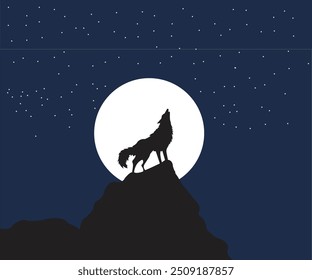 Silhouetted wolf howling on rocky cliff under full moon with starry night sky in background. Design captures serene and mystical atmosphere ideal for themes related to wilderness, nature and solitude.