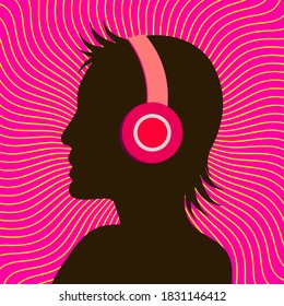 Silhouetted woman with headphones. Eighties retro party music background. 80s Vector illustration