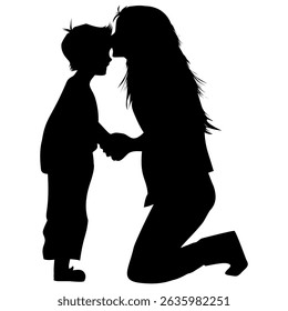Silhouetted woman kneels holding the hands of a young child in a tender moment, symbolizing love and family connection against a clean transparent background, ideal for heartwarming family themes.