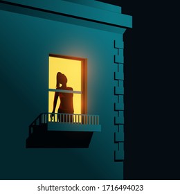 A silhouetted women looking outside her apartment window during Covid-19 lockdown. Self-isolation coronavirus vector illustration.