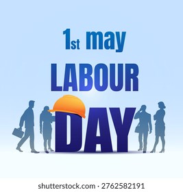 Silhouetted workers and bold Labour Day text with a hardhat in a clean modern graphic style on a light gradient background, symbolizing labour rights. Hand-drawn vector illustration