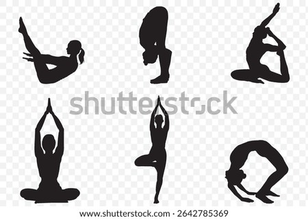 Silhouetted yoga poses showcasing flexibility, balance, wellness, stretching exercises for body, mind, and fitness  on transparent background . 