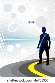 silhouetted a young boy on the road and looks to the future, vector illustration