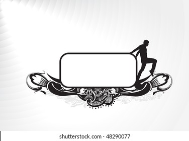 silhouetted of young man with blank banner his hand isolated on white, vector illustration