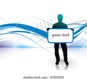 silhouetted of young man with blank board his hand isolated on white, vector illustration, No mesh in this Vector