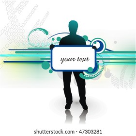 silhouetted of young man with blank board his hand isolated on white, vector illustration