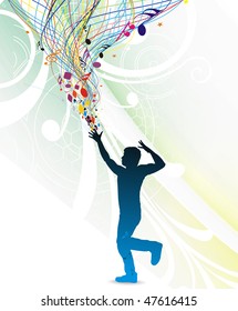 silhouetted a young man enjoy music in floral wave background, vector illustration. No mesh in this Vector
