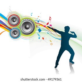 silhouetted a young man enjoy music in swirl wave background, vector illustration. No mesh in this Vector