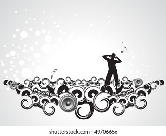 silhouetted a young man enjoy music in swirl wave background, vector illustration. No mesh in this Vector