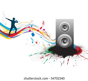 silhouetted a young man enjoy music in swirl wave background, vector illustration. No mesh in this Vector