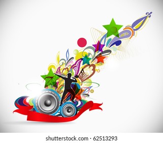 silhouetted a young man enjoy music in floral wave background, vector illustration.