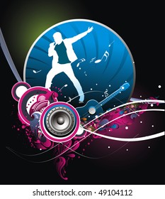 silhouetted a young man Performer the music with music theme background. Vector Illustration.No mesh in this Vector