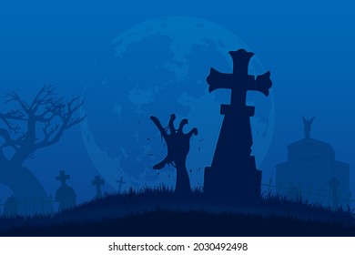 Silhouetted zombie hand rising out from cemetery ground in full moon night background, Halloween flat illustration vector.