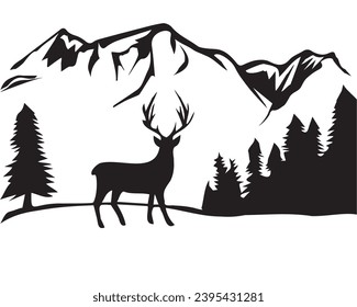 Silhouette-Mountain and Deer Black White