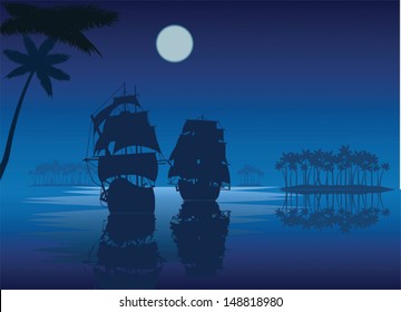 Silhouettes of 2 ancient ships at night in the sea on a dark blue background