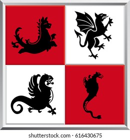 Silhouettes of 4 fantastic dragons on white and red squares background - Vector image