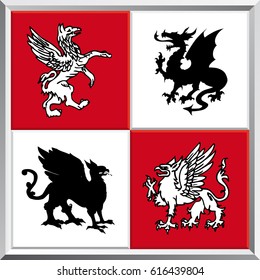 Silhouettes of 4 mythological creatures on white and red squares background - Vector image