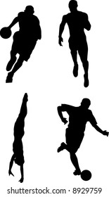 Silhouettes of 4 people paying sports. Basketball, Running, Swimming, Soccer.