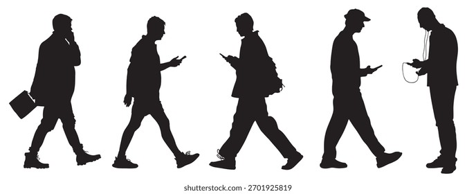 Siluetas de 5 hombres usando teléfonos. Vista lateral. Ilustración vectorial aislada sobre fondo blanco.