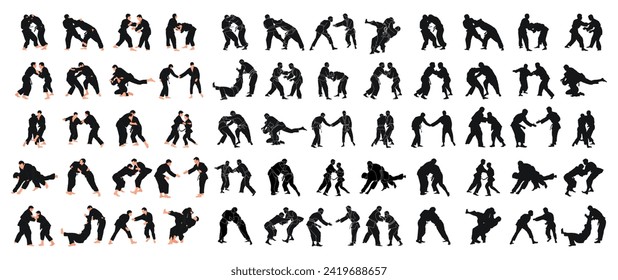 Silhouettes of 60 sports couples judoka fighter. Judoist, judoka, athlete, duel, fight, judo, isolated vector