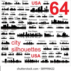 silhouettes of 64 cities in the United States, vector, all cities signed