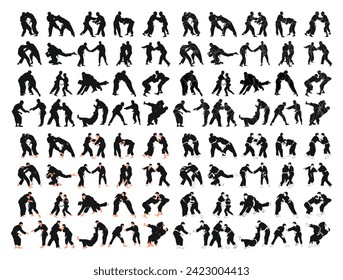 Silhouettes of 80 sports couples judoka fighter. Judoist, judoka, athlete, duel, fight, judo, isolated vector